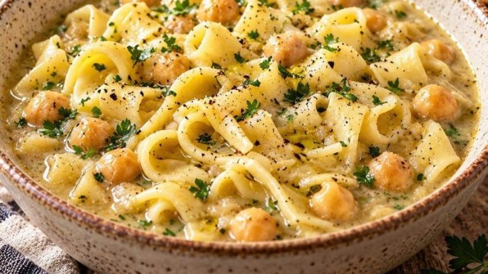 Pasta e ceci laziale: fettuccine, ceci, salsa di pomodoro e rosmarino
