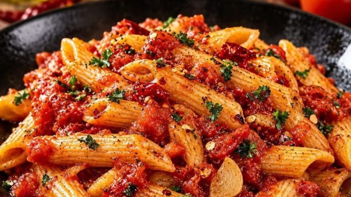 Penne all’arrabbiata: ricetta laziale con pancetta, pomodori pelati e peperoncini